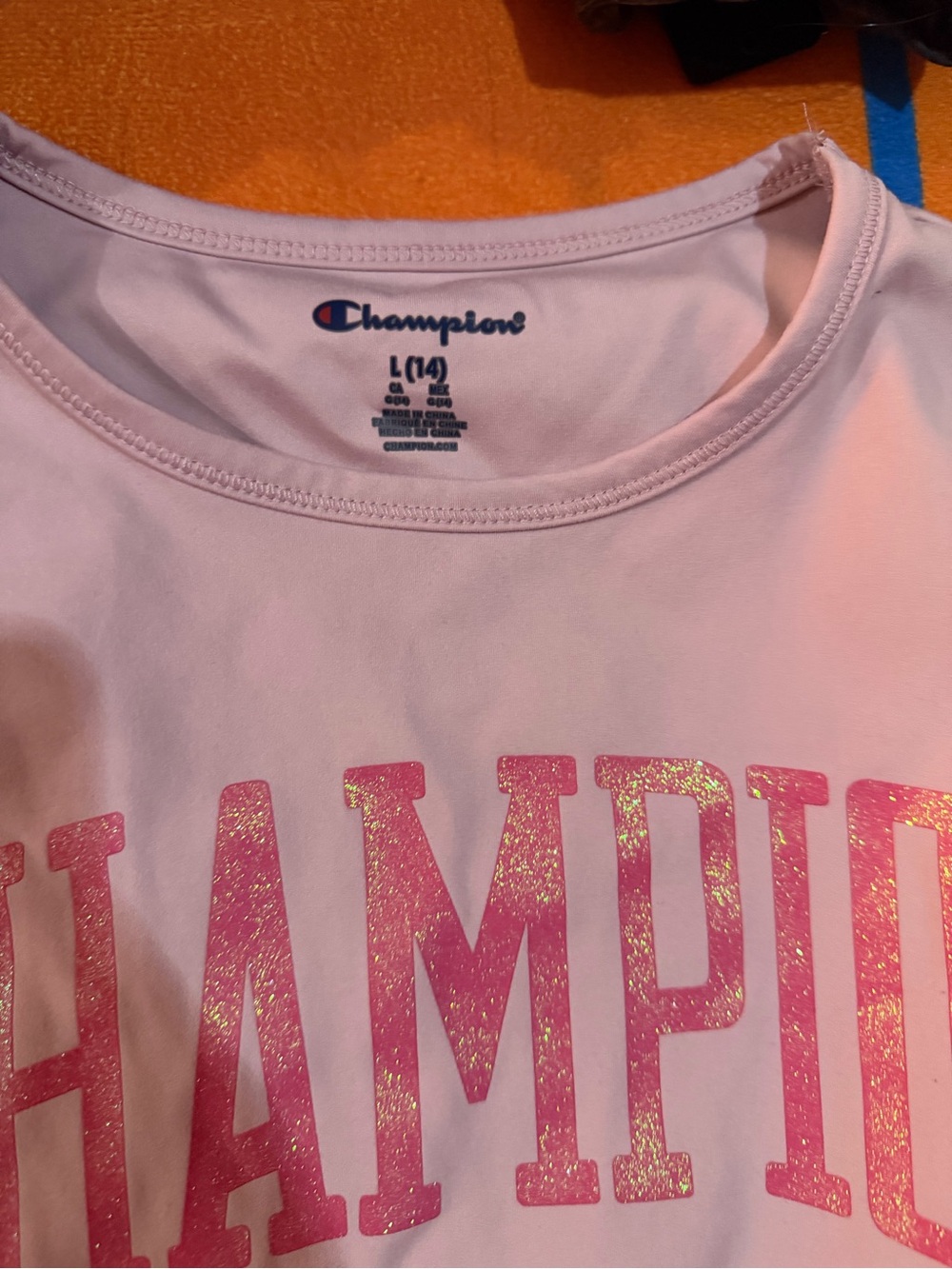 Champion Girls' Light Pink Tee with Pink Glitter Logo